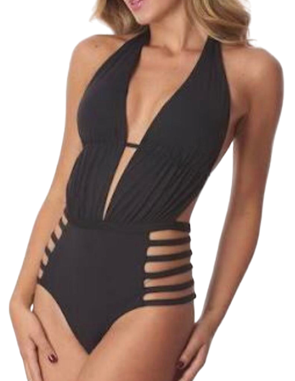 NEW MISS BIKINI LUXE BLACK STRAPPY BANDEAU ONE PIECE SWIMSUIT SIZE SMALL